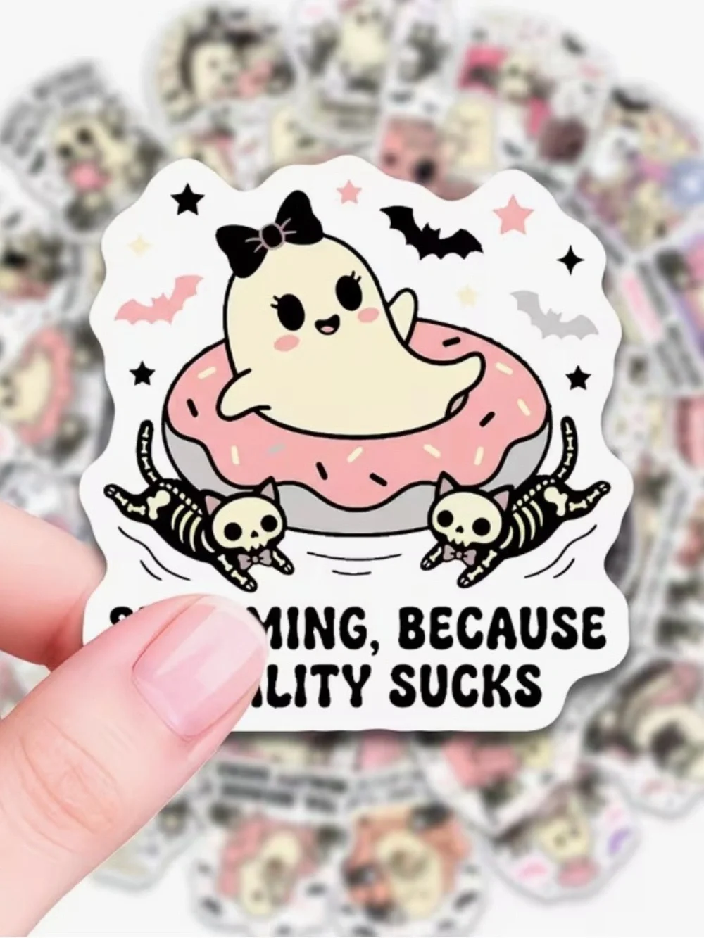 50 Cute Ghost & Her 3 Pet Cats Stickers Busy Kitty Because Reality Sucks' Pink